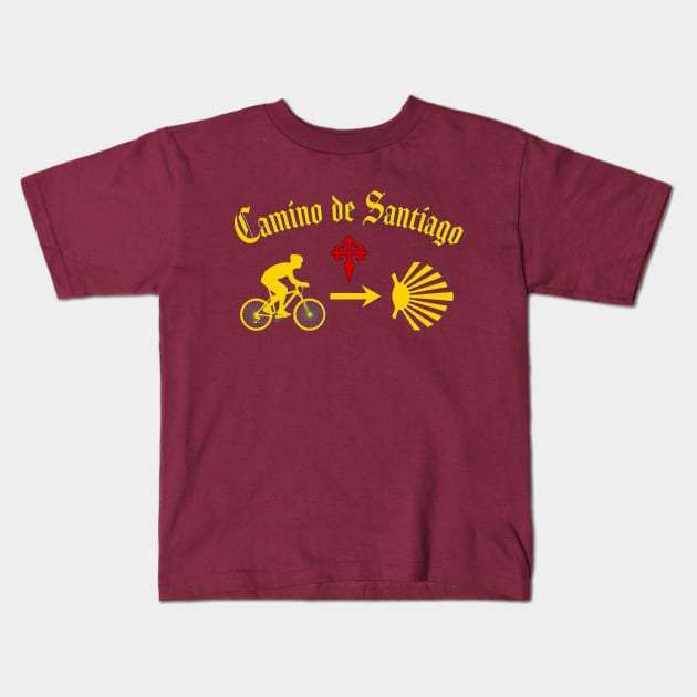 Camino de Santiago Typography Man Riding a  Bicycle Yellow Arrow Scallop Shell Red Cross Kids T-Shirt by Brasilia Catholic